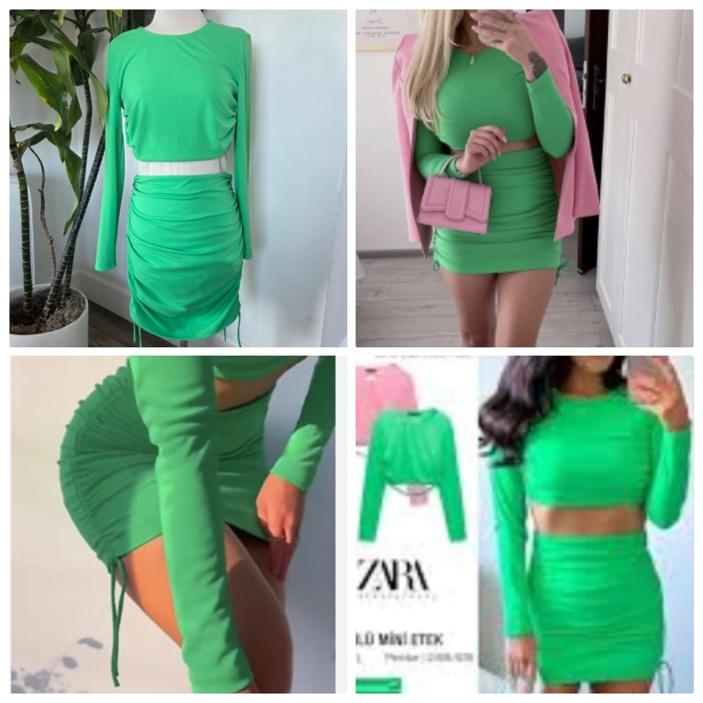 Zara Apple Green Crop Top & Mini Skirt Set Strappy Open Back Side Ruching